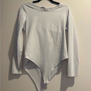 Mango White Long Sleeve Bodysuit Size L Snap Closure Minimal Basic
